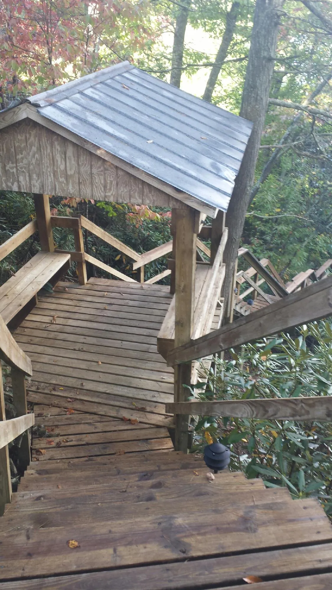 Metal roofed shelter over wooden steps on a wooded walkway — Skylight Repair & Installation work by our crew in Malmo